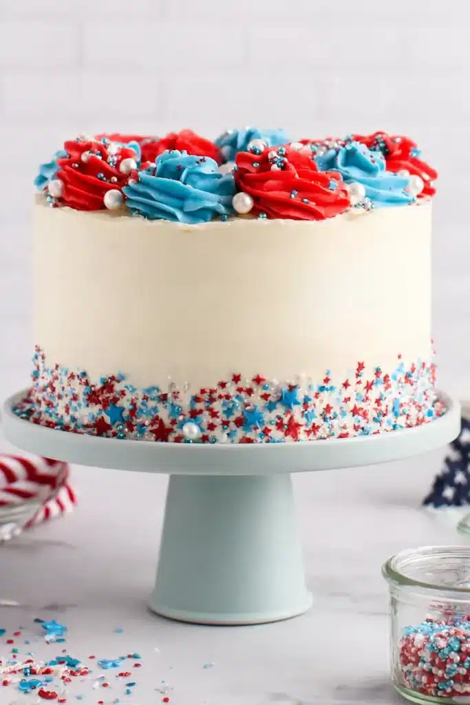 4th Of July Layer Cake with patriotic frosting and sprinkles