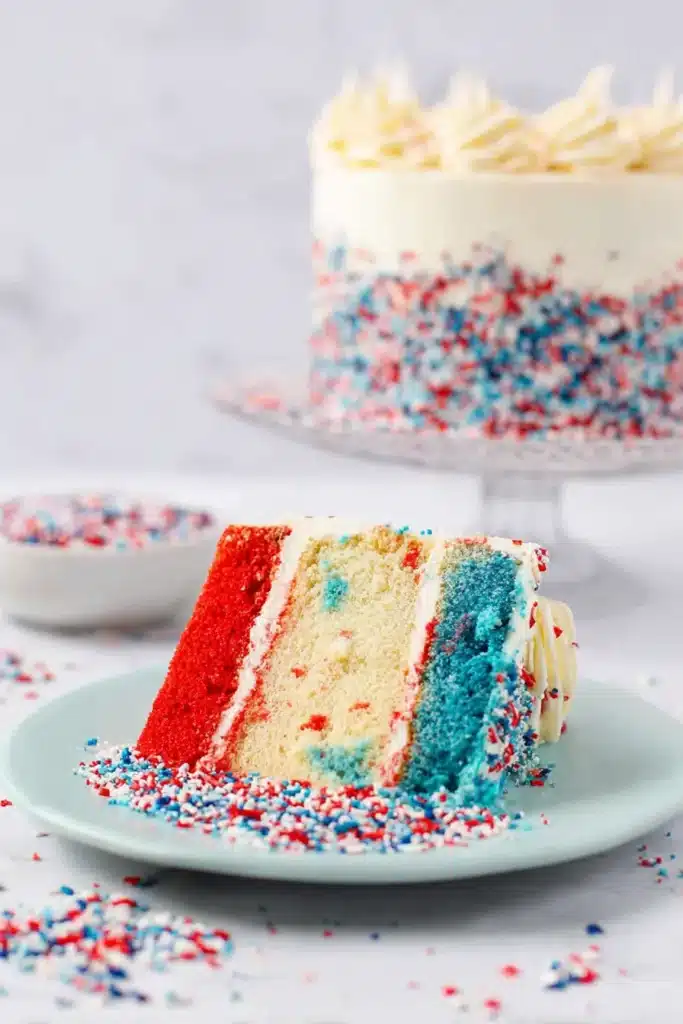 4th Of July layer cake slice with red white and blue layers