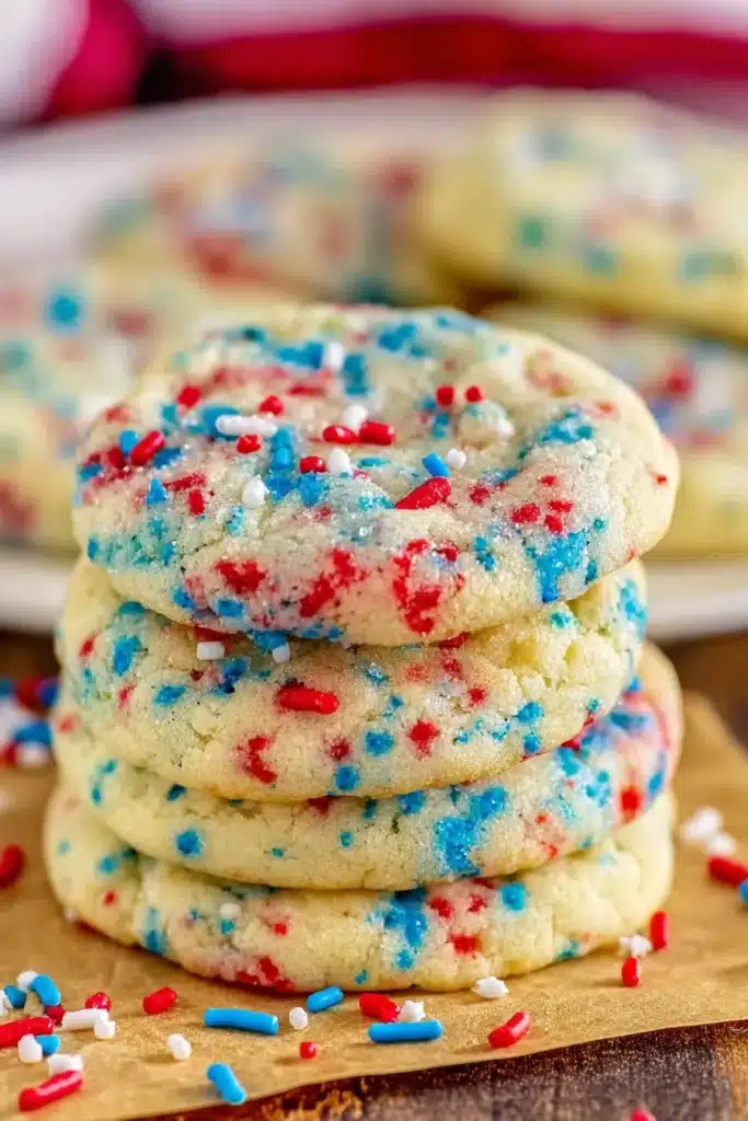 4th of July Sprinkle Cookies 1 Soft 4th of July Sprinkle Cookies with red white and blue sprinkles