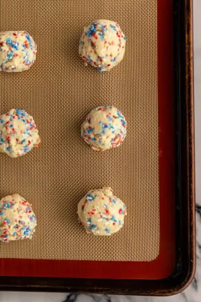 4th of July Sprinkle Cookies 3 4th of July Sprinkle Cookies dough scoops on a baking sheet
