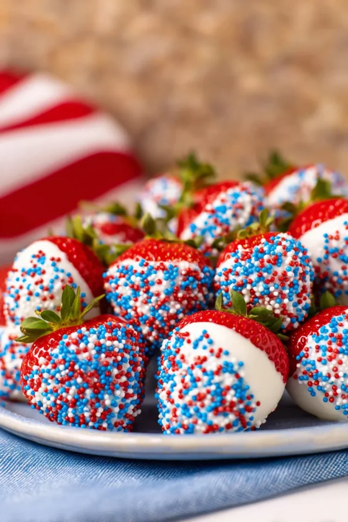 4th of July Strawberries 3 4th of July Strawberries served on a platter with patriotic sprinkles