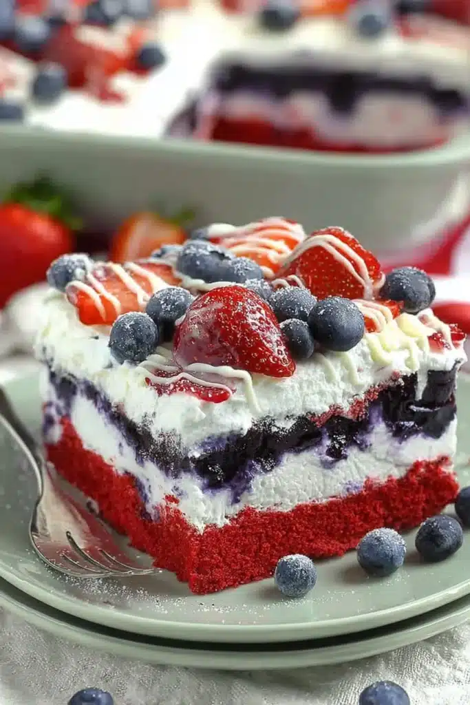 No Bake Summer Berry Lasagna 1 No Bake Summer Berry Lasagna with strawberries, blueberries, and creamy patriotic layers