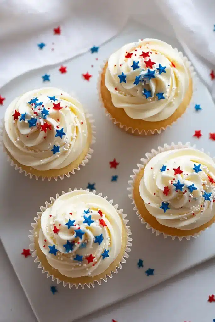 All American Vanilla Cupcakes with patriotic buttercream and star sprinkles