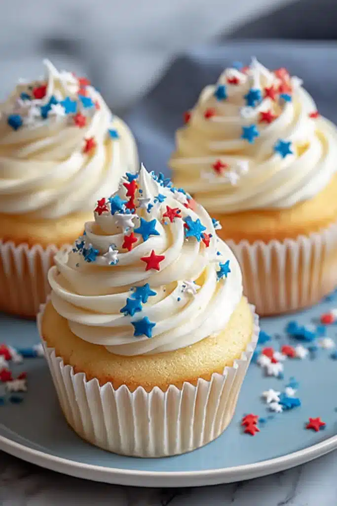 All American vanilla cupcakes with buttercream frosting and patriotic sprinkles