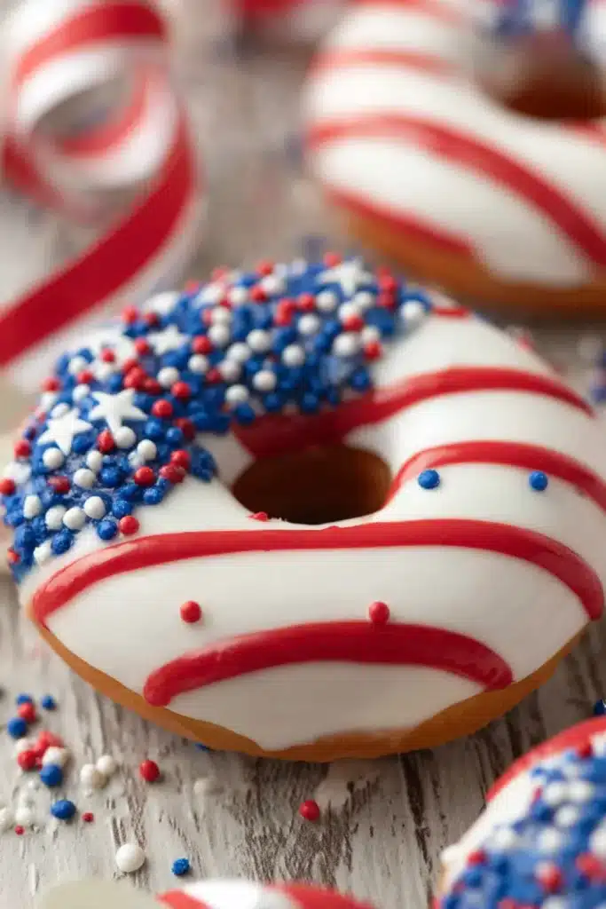 American flag donut with red white and blue icing for 4th of July dessert