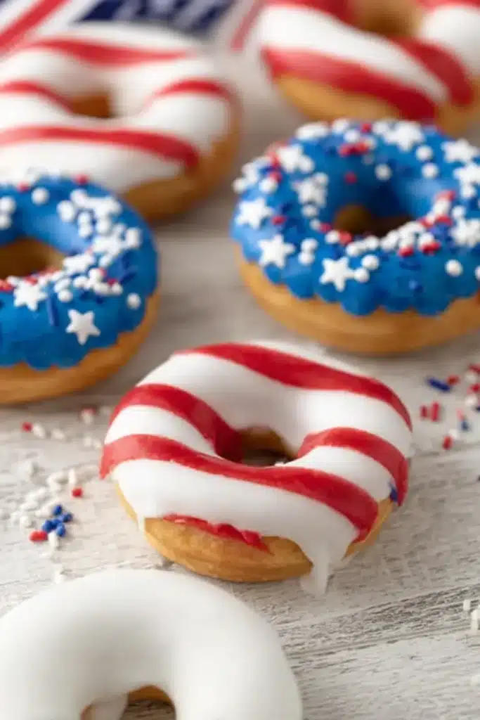 American Flag Donuts with patriotic red white and blue icing decorations