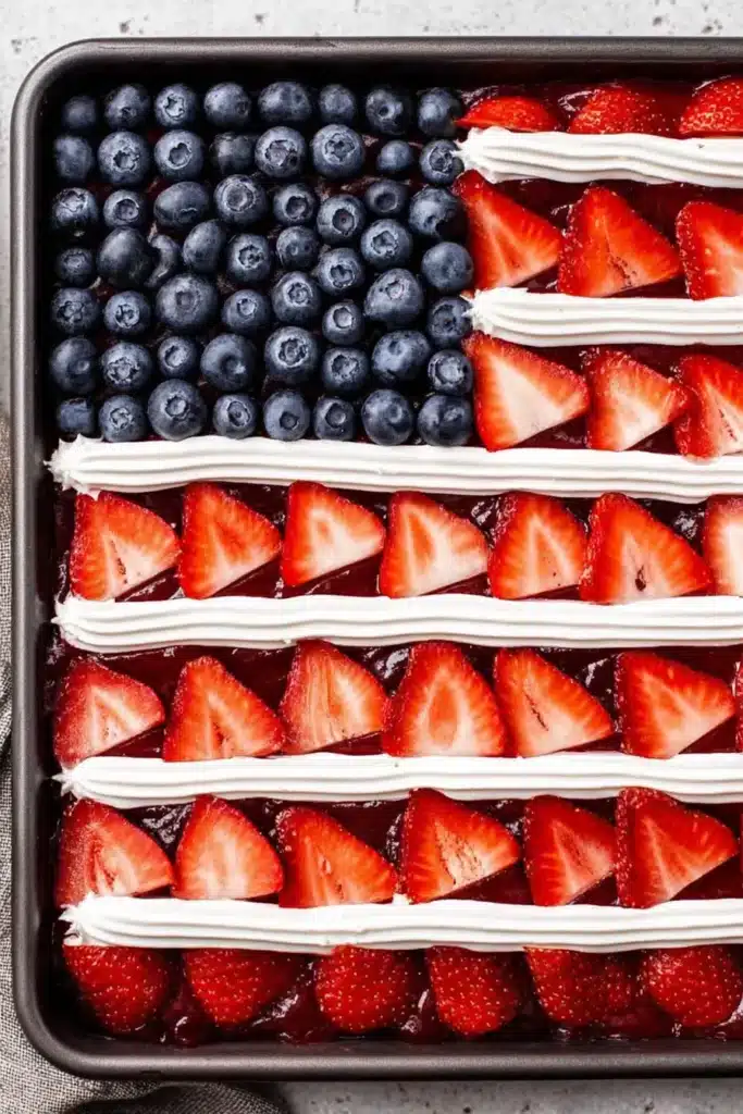 Strawberry Pretzel Jello Salad Recipe for the Perfect 4th of July Dessert 3 Patriotic Strawberry Pretzel Jello Salad decorated like an American flag