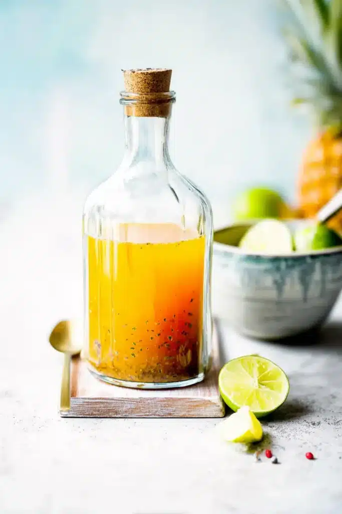 apple cider vinegar drink, healthy drink recipe, pineapple vinegar drink 1 Apple cider vinegar drink with pineapple and lime in a glass bottle