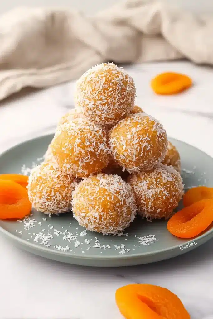 Apricot Bliss Balls coated in coconut on a ceramic plate