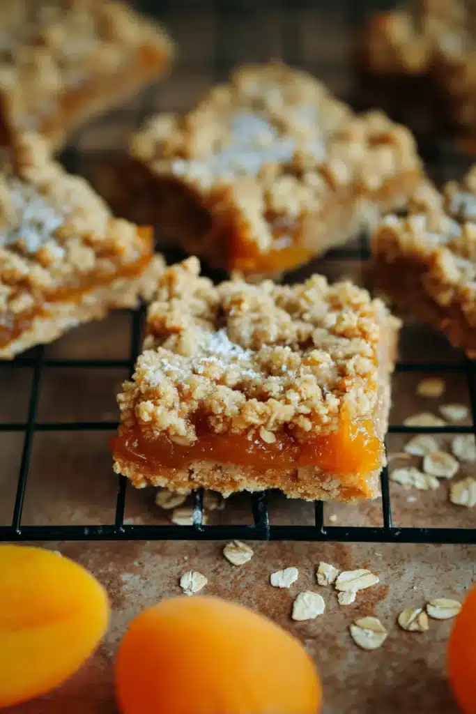 Apricot Oatmeal Crumble Bars Recipe 1 Apricot oatmeal crumble bars with buttery oat topping and glossy apricot filling on a cooling rack