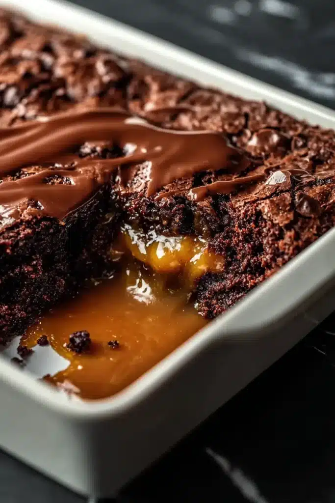 Chocolate Caramel Dump Cake 4 Chocolate Caramel Dump Cake with gooey caramel center in a baking dish