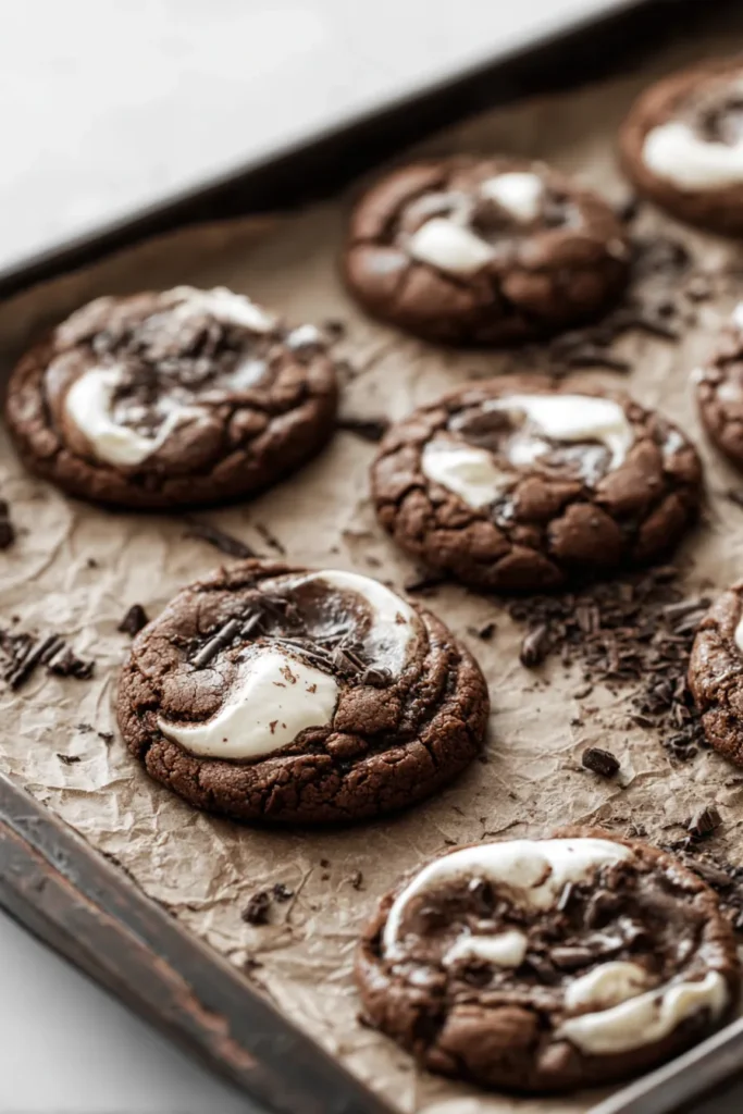 Chocolate Marshmallow Swirl Cookies 4 Freshly baked Chocolate Marshmallow Swirl Cookies on a baking tray