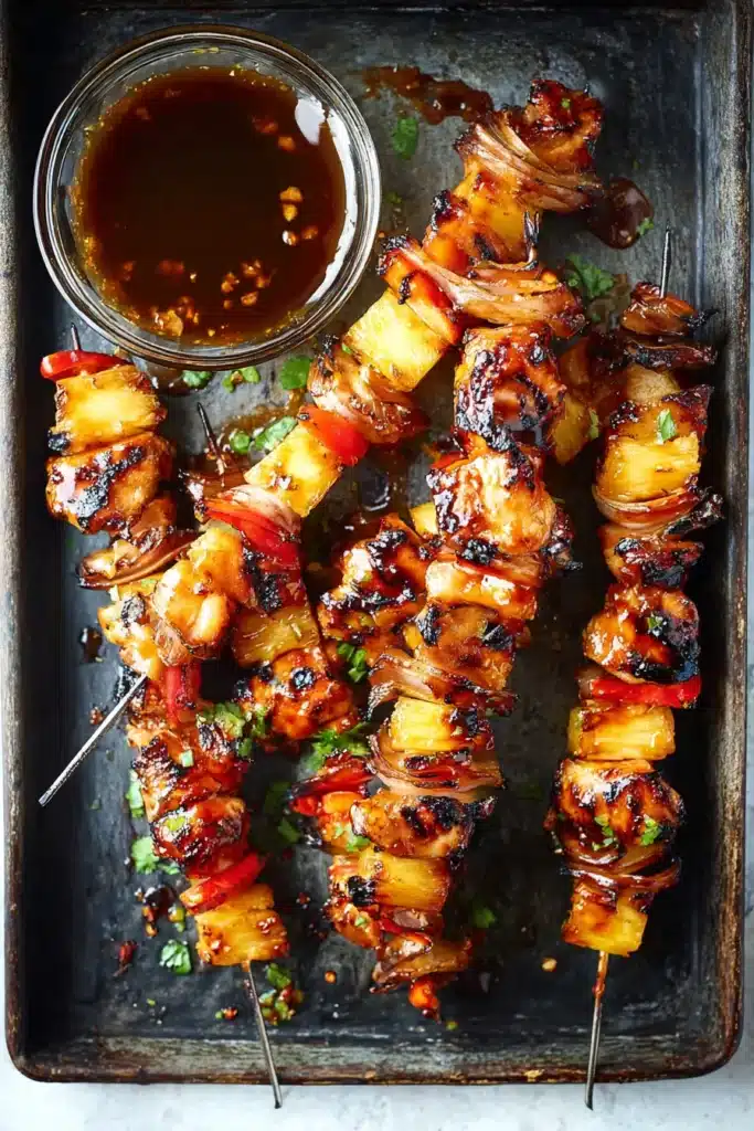 BBQ pineapple chicken kabobs with grilled chicken, pineapple, and smoky barbecue glaze