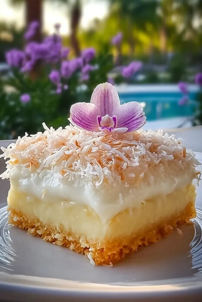 Catch a Husband Cake 1 Catch a Husband Cake slice topped with shredded coconut and creamy custard layers