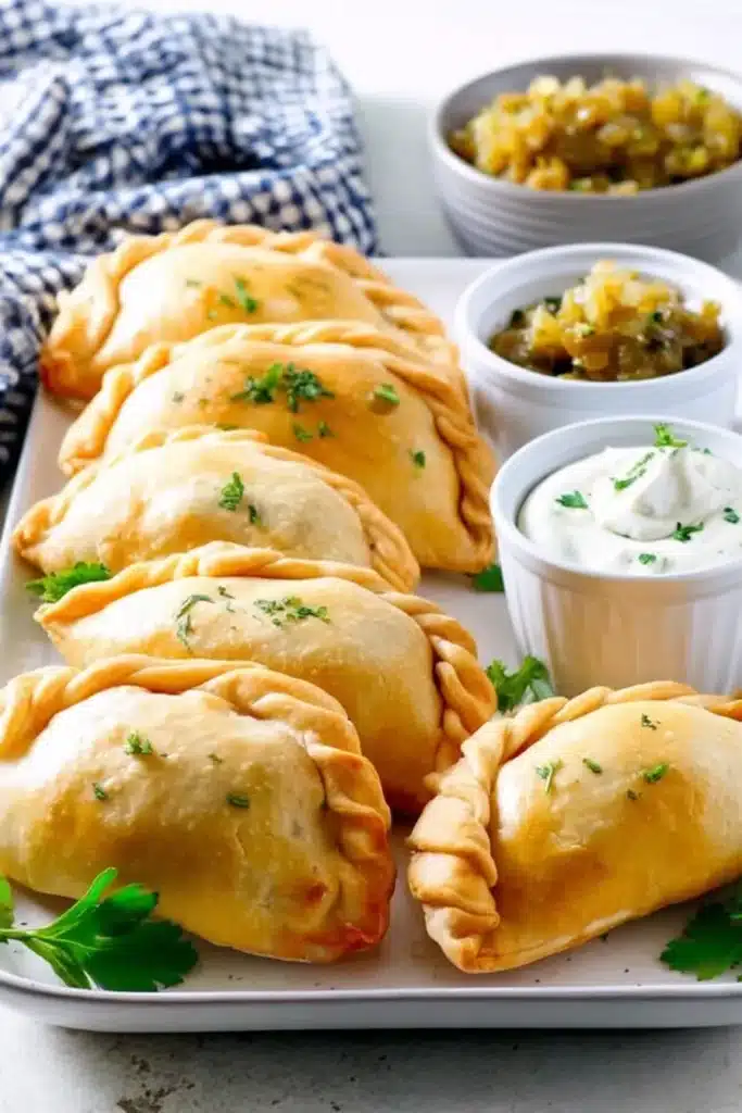 Chicken Empanadas Recipe Crispy, Easy, and Cheesy Favorite 3 Chicken empanadas with crispy golden crust and shredded filling on plate