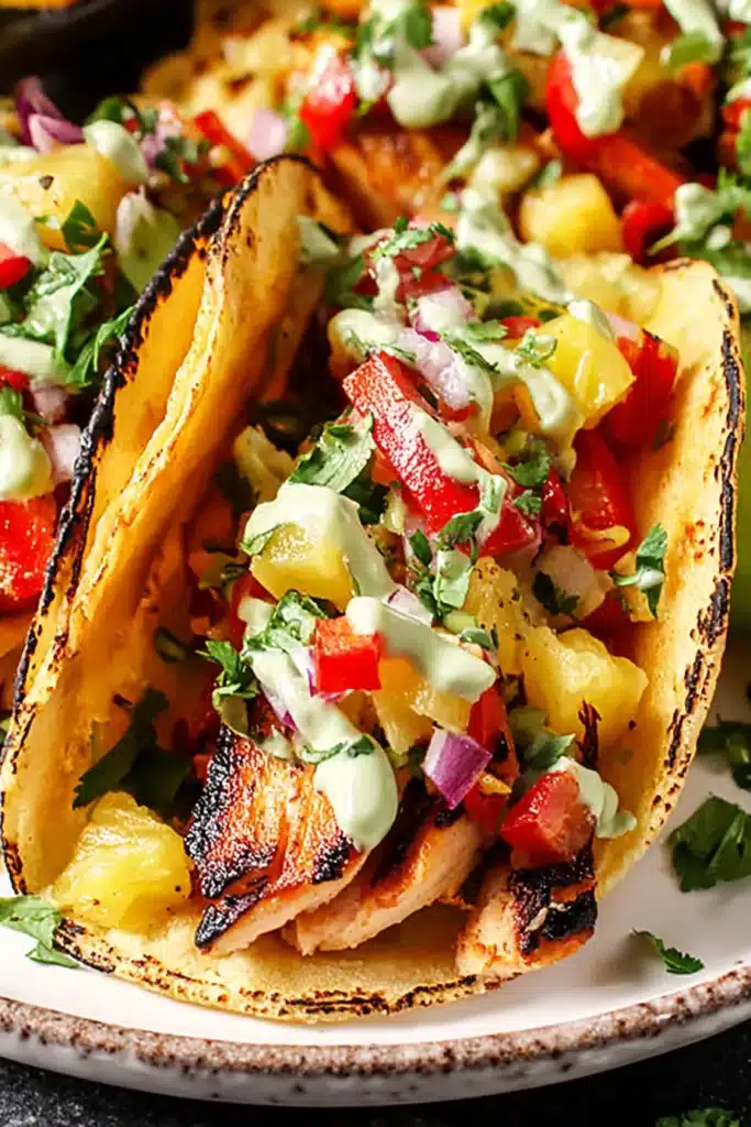 Chili Lime Chicken Tacos 1 Chili lime chicken tacos with pineapple salsa and avocado crema