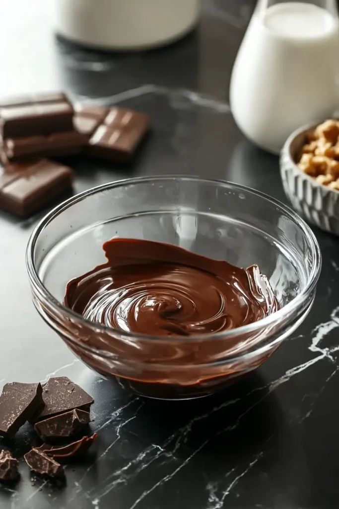 Chocolate Caramel Dump Cake 3 Chocolate Caramel Dump Cake ganache in a glass bowl on dark marble surface