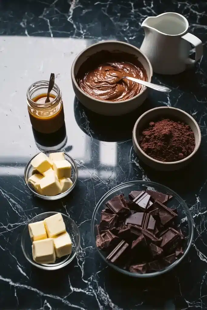 Chocolate Caramel Dump Cake 2 Chocolate Caramel Dump Cake ingredients arranged on a dark stone surface