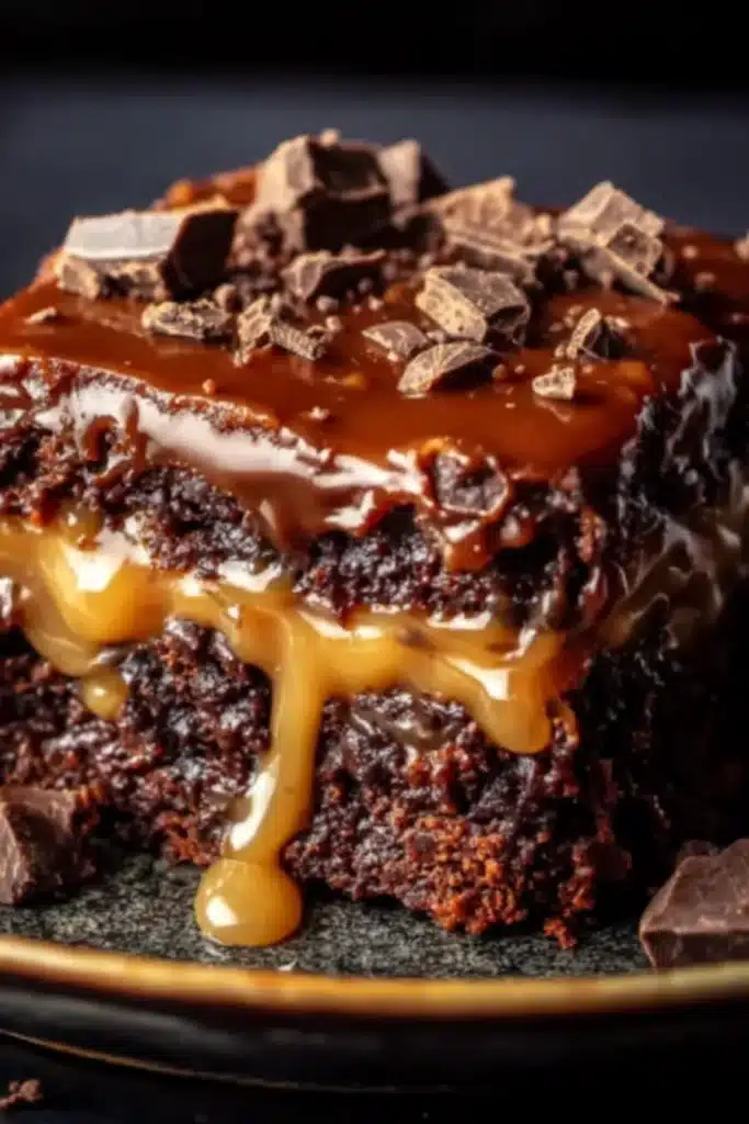 Chocolate Caramel Dump Cake 1 Chocolate caramel dump cake slice with gooey caramel filling and rich chocolate ganache topping