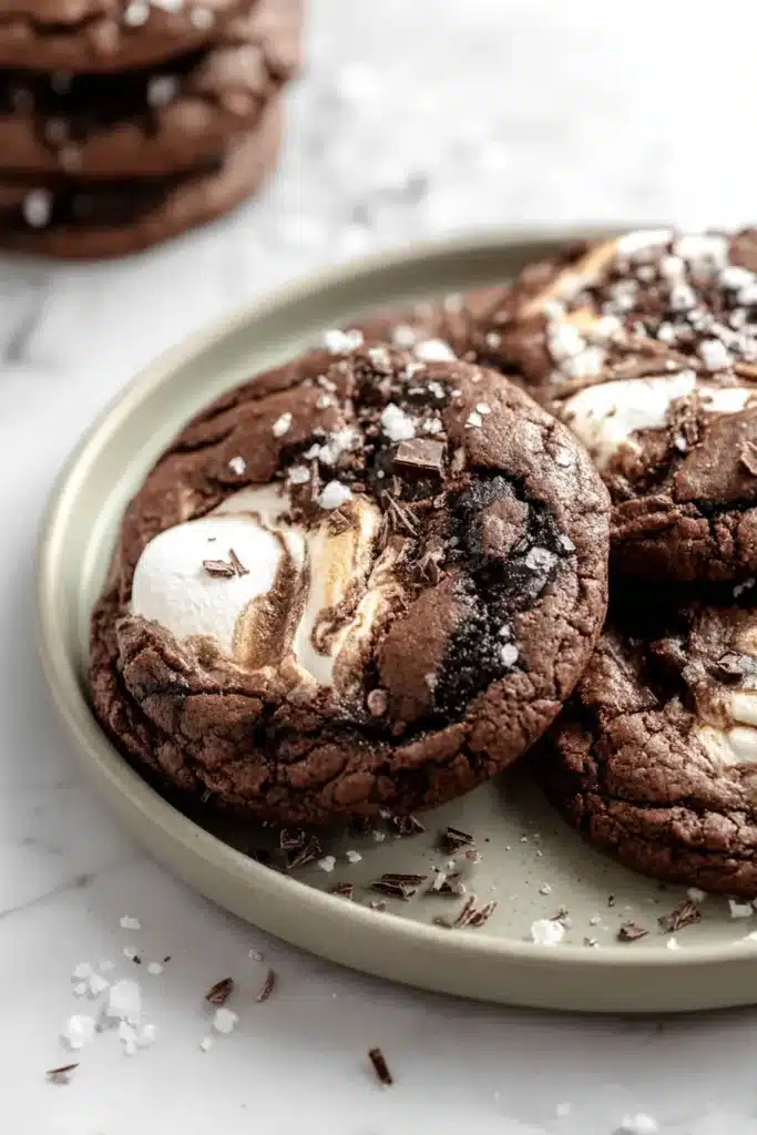Chocolate Marshmallow Swirl Cookies 5 Chocolate Marshmallow Swirl Cookies stacked on a plate with gooey marshmallow filling