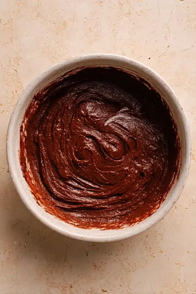 Oreo Dirt Cake Recipe 3 Creamy chocolate pudding mixture in a bowl for Oreo dirt cake recipe