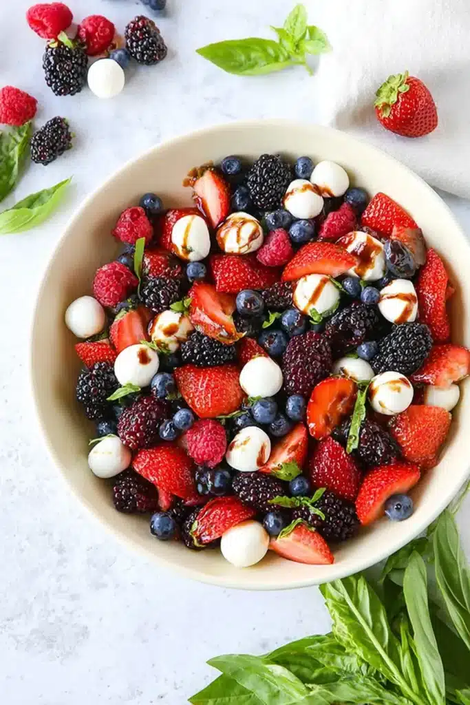 Berry Caprese Salad 2 Close up Berry Caprese Salad with berries, mozzarella, basil, and balsamic drizzle
