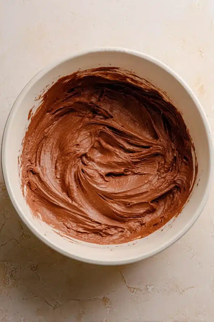 Oreo Dirt Cake Recipe 4 Creamy chocolate mousse mixture in a white bowl for Oreo dirt cake layers