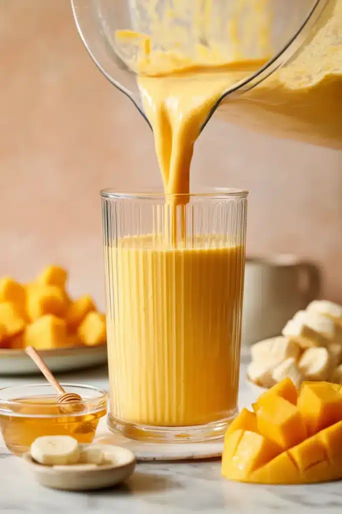Mango Coconut Milk Smoothie 4 Mango Coconut Milk Smoothie pouring into glass with creamy tropical texture