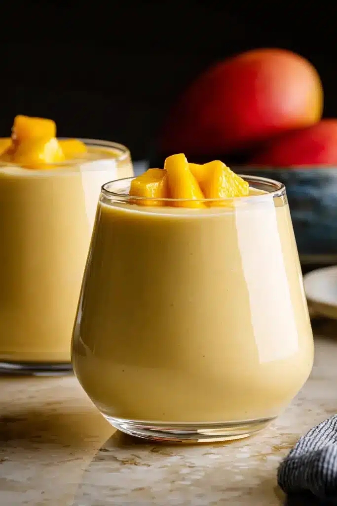 Mango Smoothie Recipe That Tastes Like a Tropical Treat 4 Creamy Mango Smoothie topped with frozen mango chunks in glasses