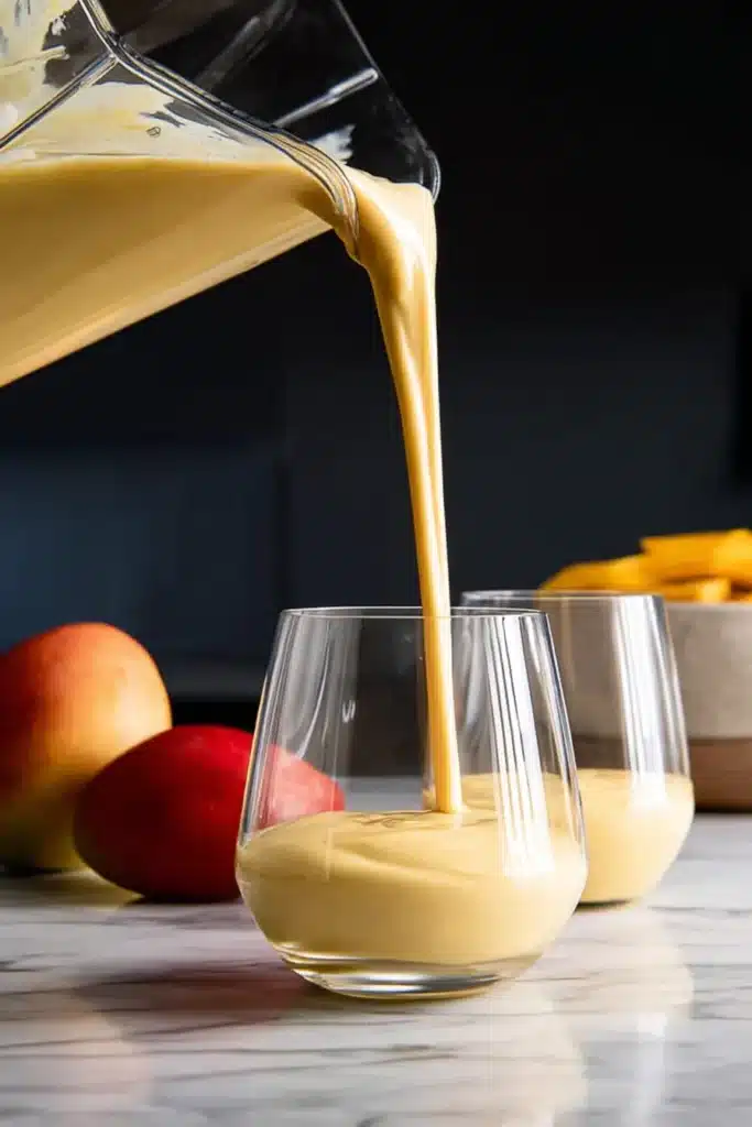 Mango Smoothie Recipe That Tastes Like a Tropical Treat 3 Mango Smoothie pouring into a glass with thick creamy texture