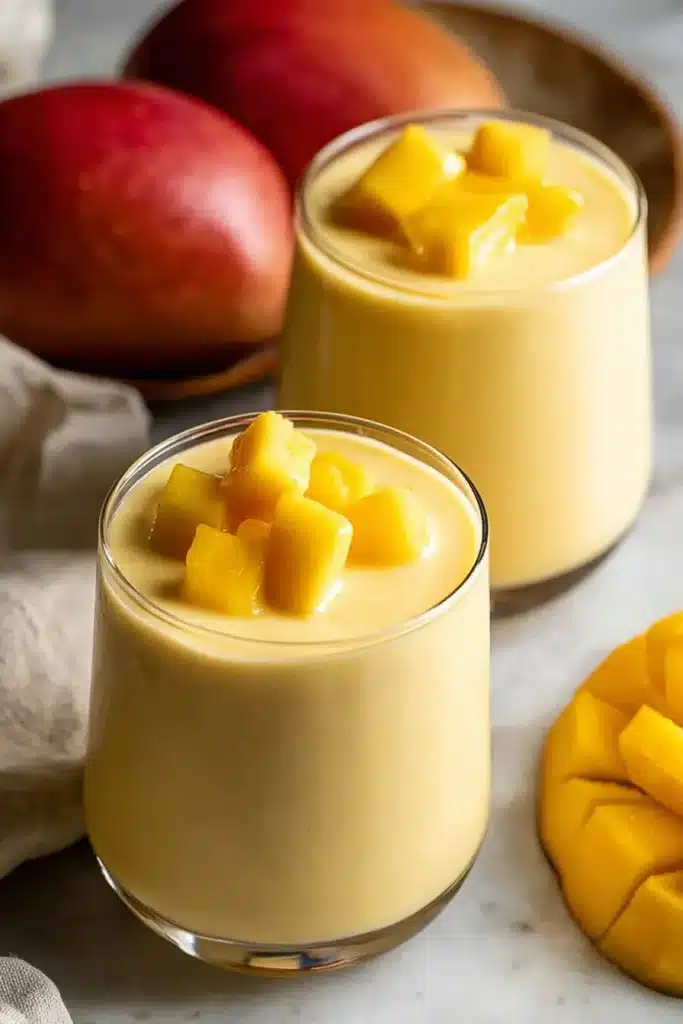 Mango Smoothie Recipe That Tastes Like a Tropical Treat 1 Creamy mango smoothie in glasses topped with frozen mango chunks