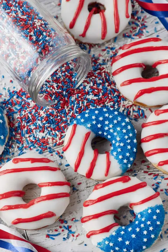 American Flag Donuts displayed with patriotic sprinkles for 4th of July parties