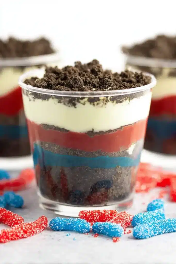 Red White and Blue Dirt Cups 4 Red White and Blue Dirt Cups layered with Oreo crumbs and patriotic pudding