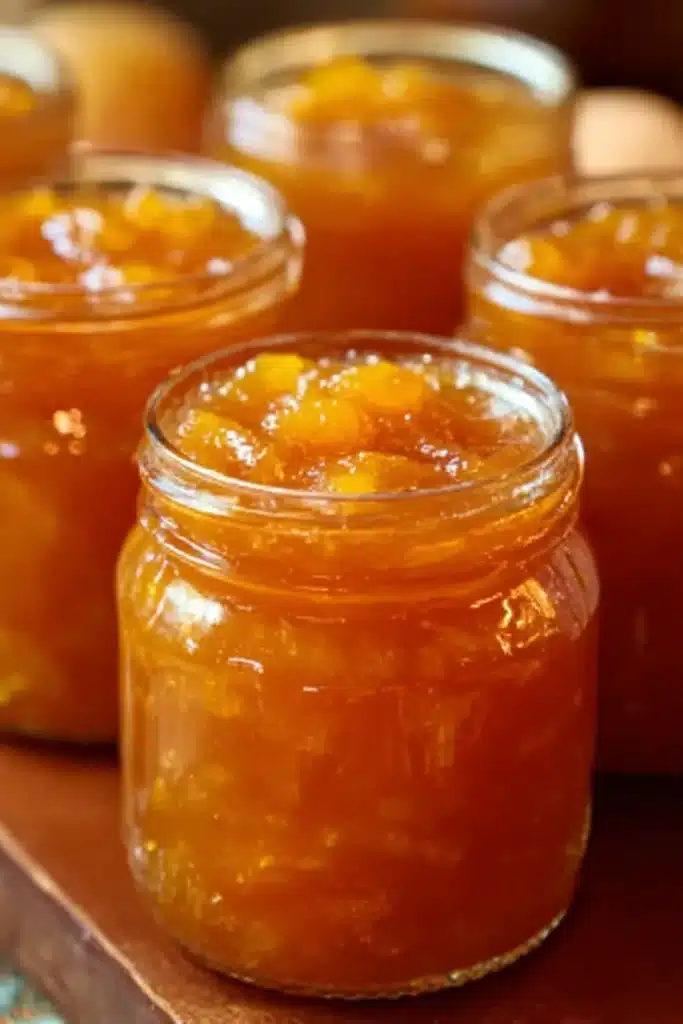 Apricot Jam Recipe 4 Freshly filled jars of homemade Apricot Jam with fruit chunks