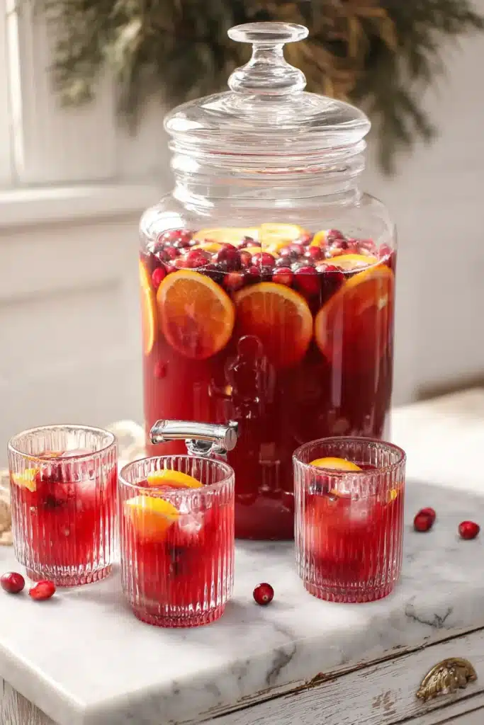 Holiday Punch Recipe 2 Holiday Punch Recipe served in a beverage dispenser with cranberries and orange slices