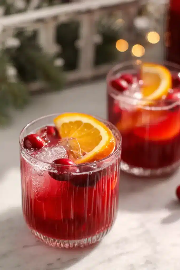 Holiday Punch Recipe 1 Holiday punch with cranberries, orange slices, and ice in festive glasses