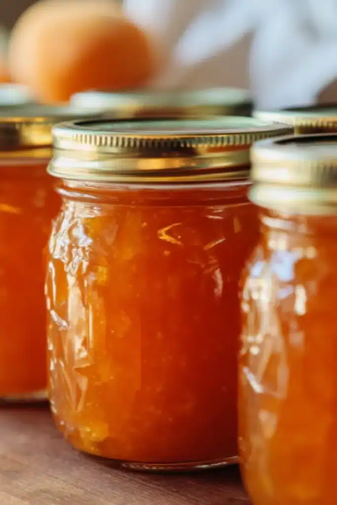Apricot Jam Recipe 1 Homemade apricot jam in glass mason jars with golden orange fruit preserves