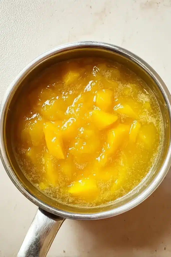 Homemade Mango Iced Tea mango mixture simmering in a saucepan