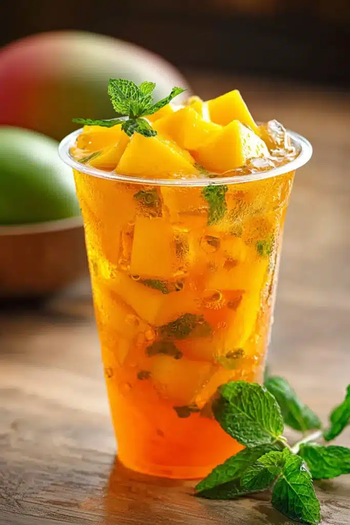 Homemade Mango Iced Tea with fresh mango, mint, and ice