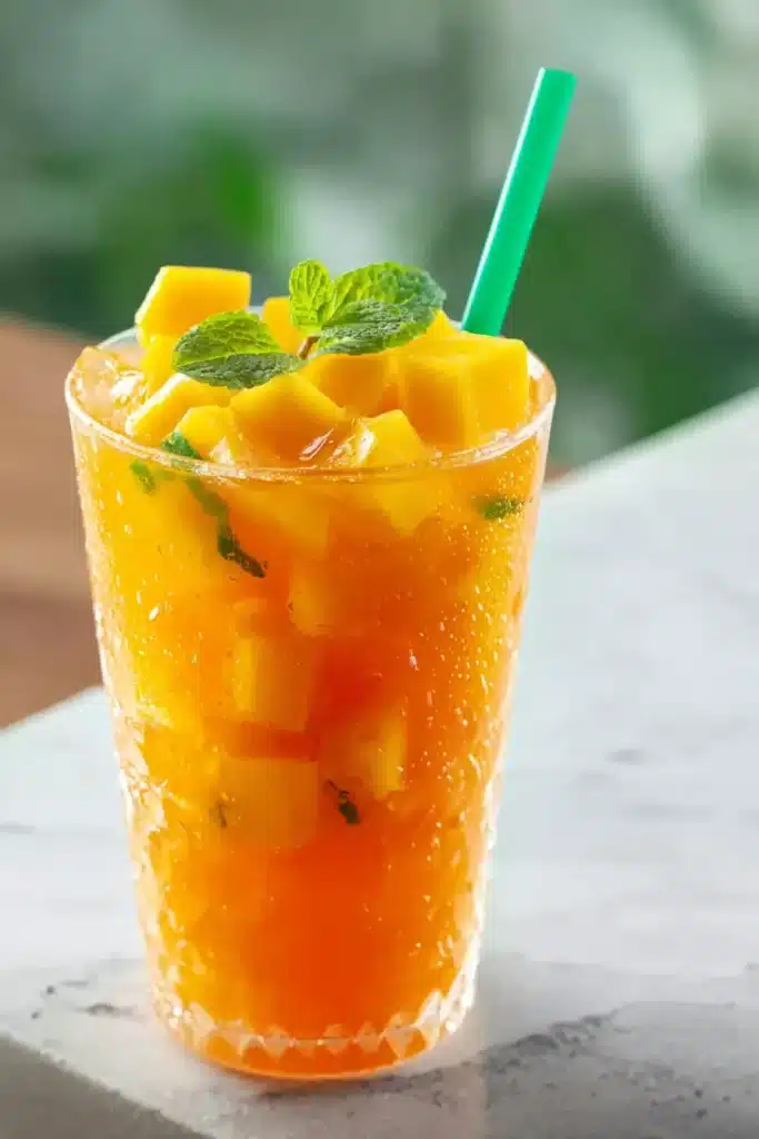 Homemade Mango Iced Tea served over ice with mango and mint