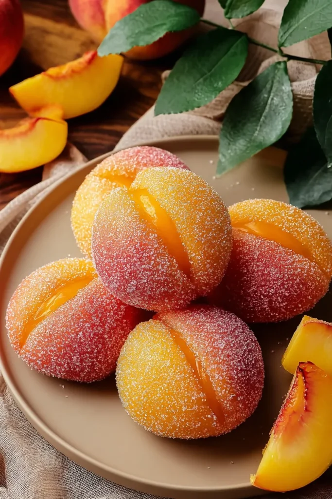 Italian Peach Cookies Recipe 2 Close up of Italian Peach Cookies with creamy pastry filling and sugar coating