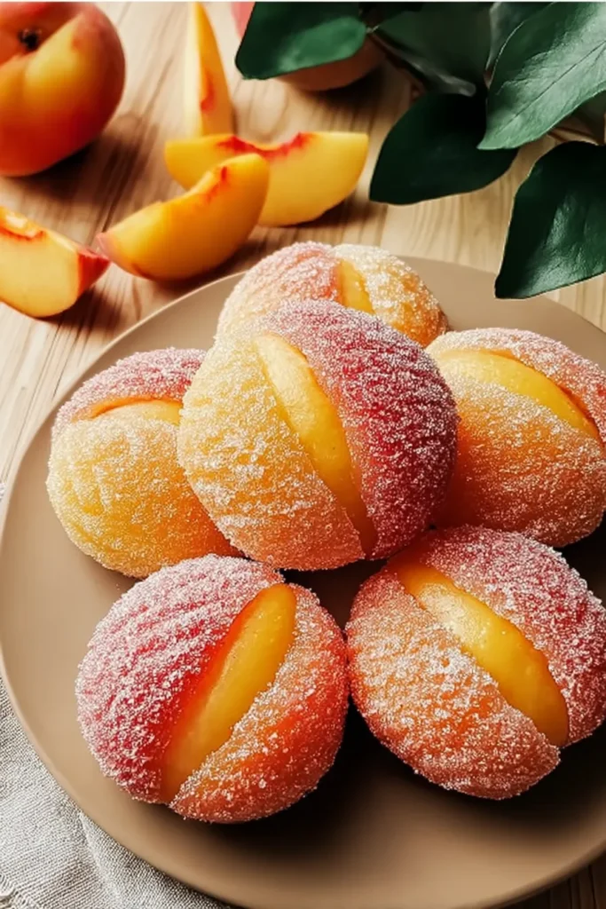 Italian Peach Cookies Recipe 1 Italian Peach Cookies coated in sugar with creamy filling on a rustic dessert plate