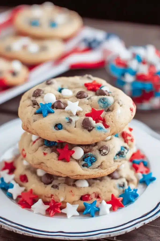 July Cookies 1 Stack of July Cookies with patriotic candy stars and chocolate chips on a dessert plate