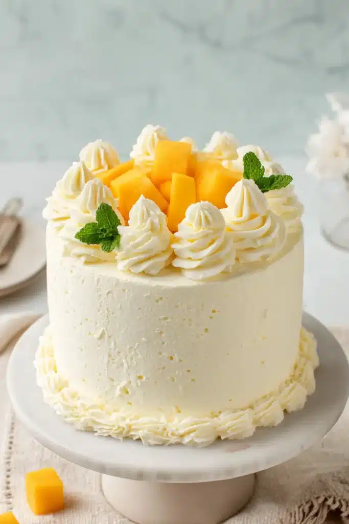 Mango Cake 1 Mango cake with whipped cream frosting and fresh mango topping