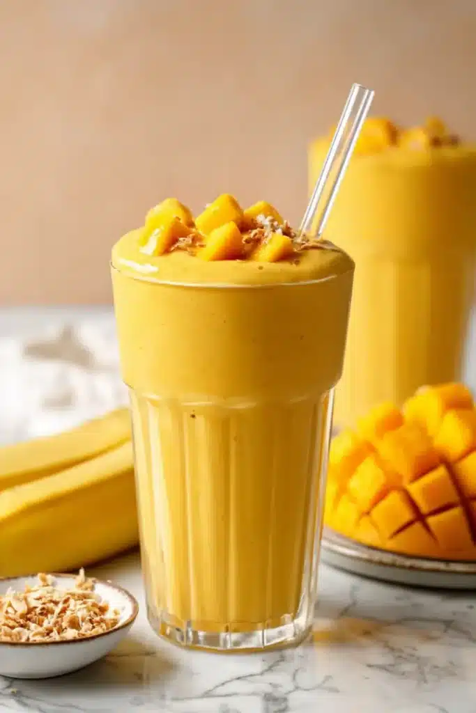 Mango Coconut Milk Smoothie 1 Creamy mango coconut milk smoothie topped with fresh mango chunks in tall glasses