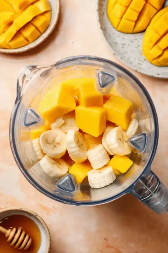 Mango Coconut Milk Smoothie 3 Mango Coconut Milk Smoothie ingredients inside blender before blending