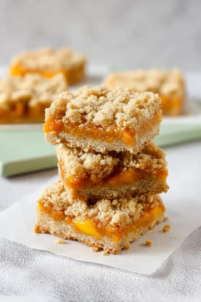 Stacked Mango Crumb Bars with buttery crumble topping and juicy tropical mango filling