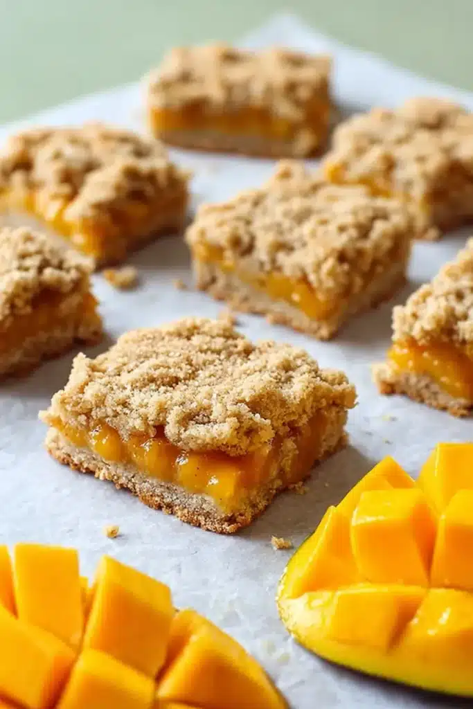 Mango Crumb Bars with buttery crumble topping and fresh mango slices