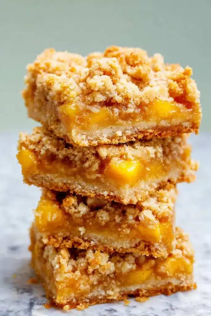 Mango Oatmeal Crumble Bars 1 Mango Oatmeal Crumble Bars stacked with buttery oat crumble and juicy mango filling