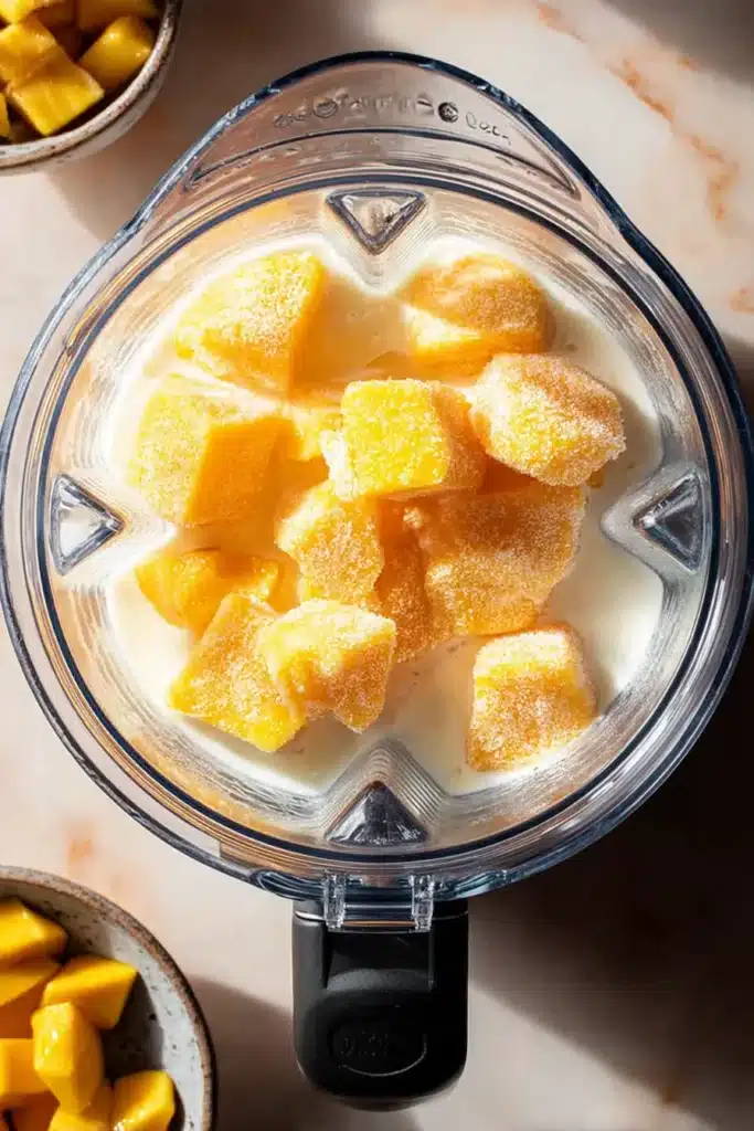 Mango Smoothie Recipe That Tastes Like a Tropical Treat 2 Mango Smoothie ingredients with frozen mango in a blender